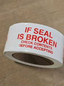 SALE! Printed White -"If Seal Is Broken" Warning Tape (Left Pull)- 36 Rolls per Case