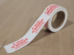 SALE! Printed White -"If Seal Is Broken" Warning Tape (Left Pull)- 36 Rolls per Case