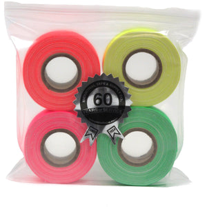 Baby Fluorescent Gaffer Tape Rolls: Pink, Green, Orange, and Yellow in an Industrial Ziplock Bag